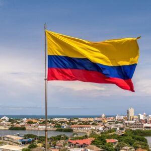 Colombian Flag over city of Cartagena, Colombia