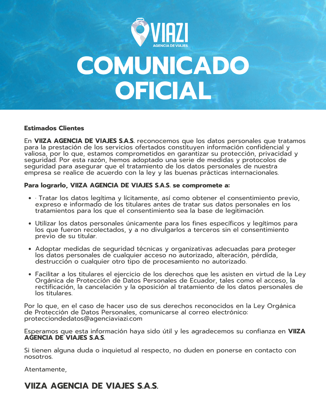 Comunicado de VIAZI sobre la protección y el tratamiento de datos personales